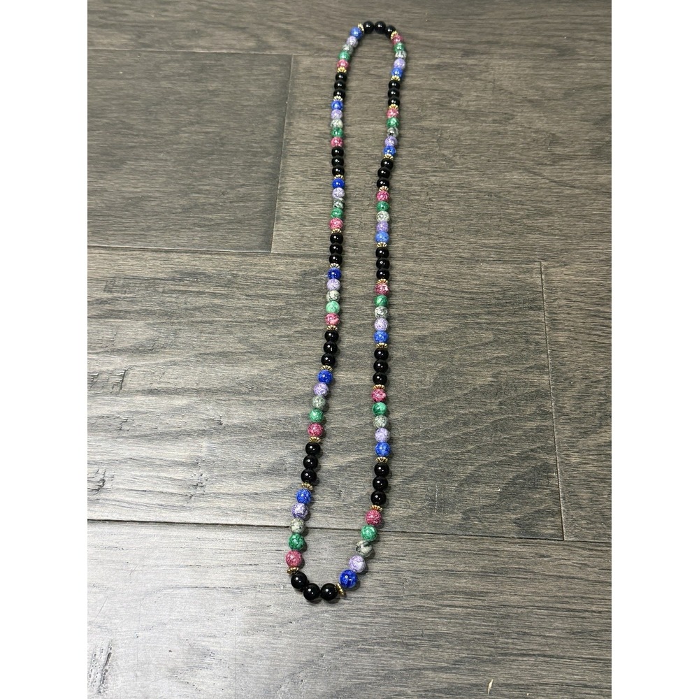 Vintage Multi-Colored Round Polished Stone Scalloped Gold Spacer Beaded Necklace